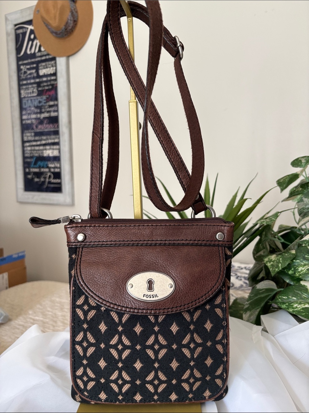 Fossil Maddox Brown & Black Fabric with Leather Trim Crossbody